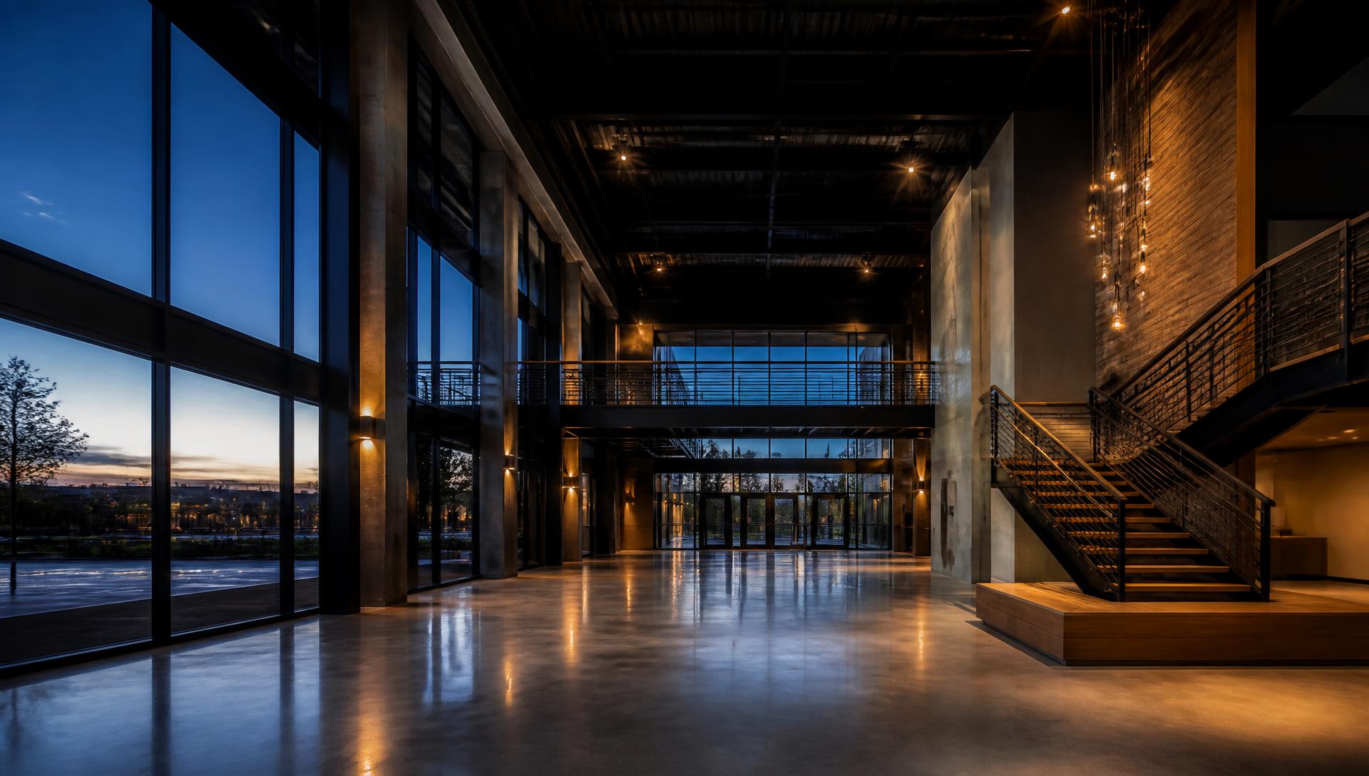 Newly completed commercial building interior at dusk